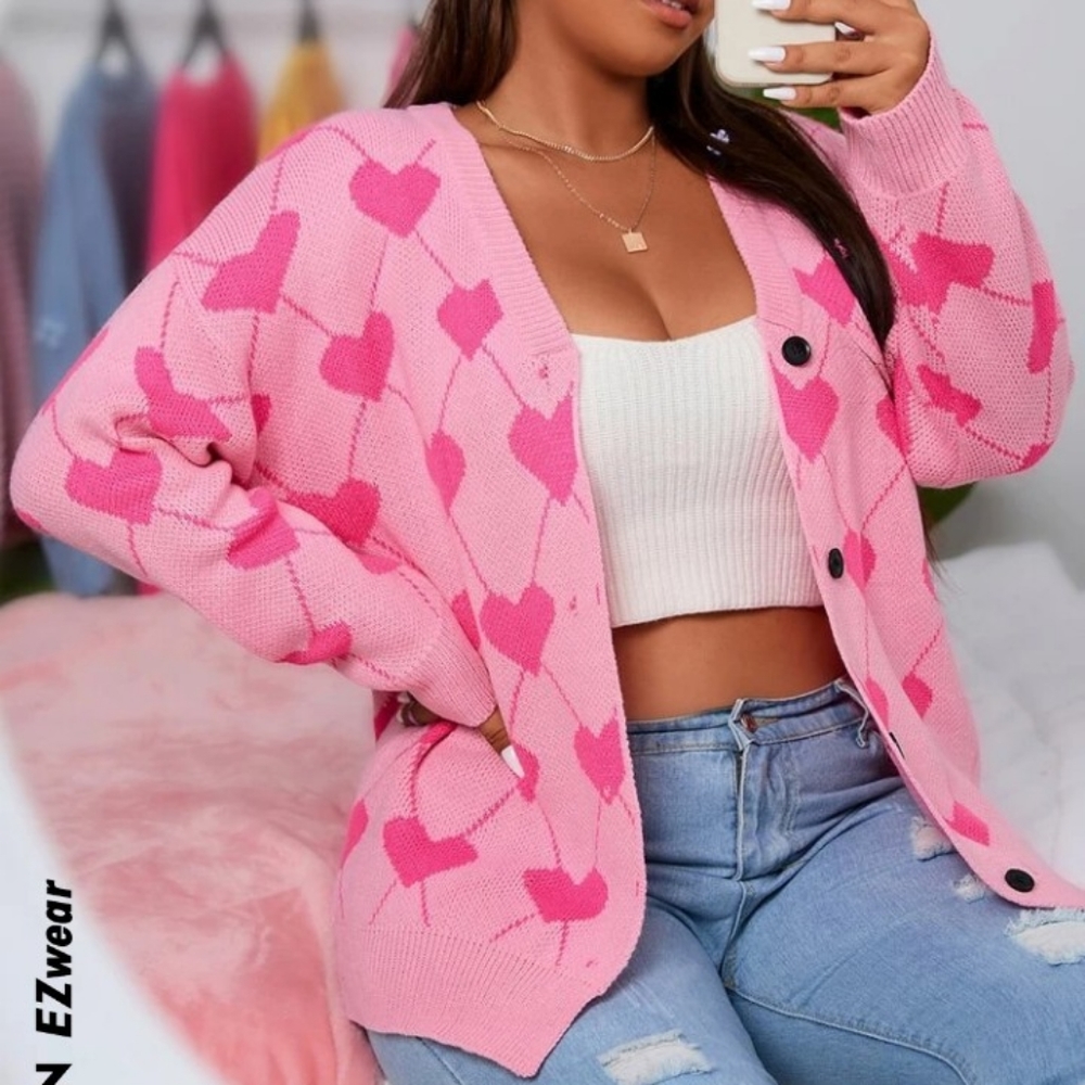Shein Plus pink with pink heart pattern drop shoulder cardigan duster s…